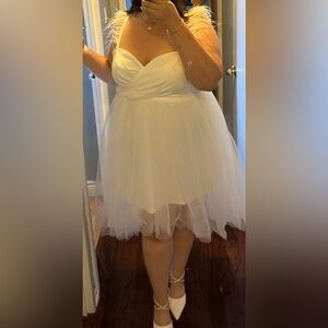 White Bridal Tulle Empire Waist mini cocktail dress with feather straps. 3XL